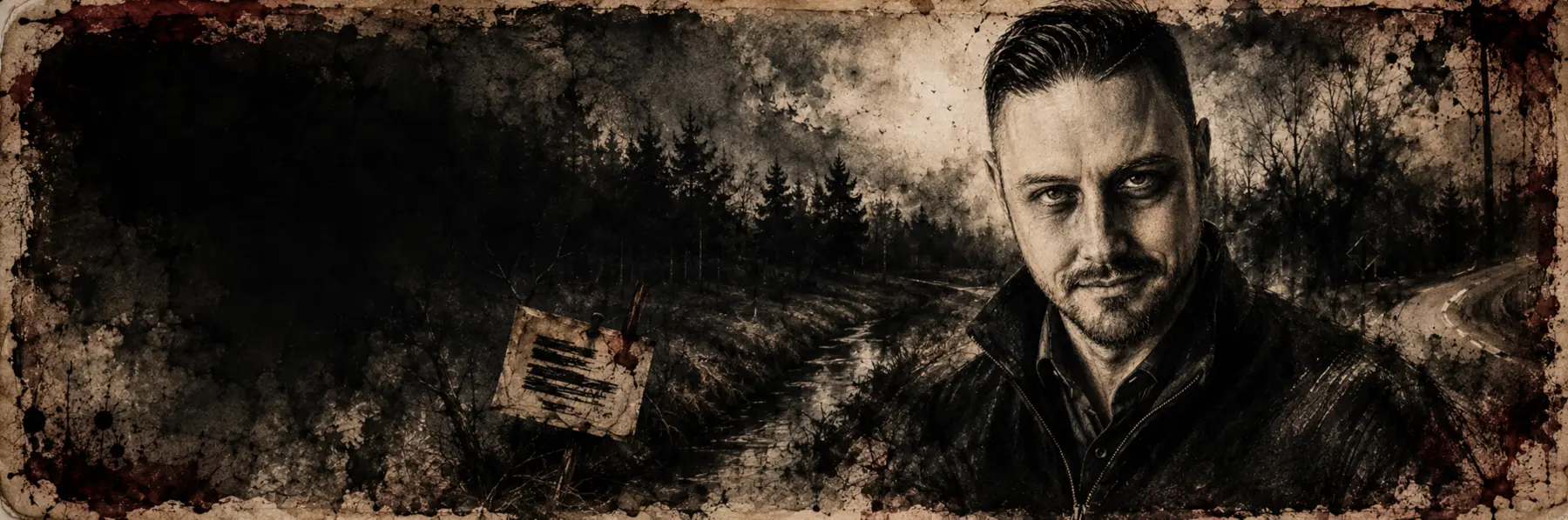 Portrait of author Myles Teston against a distressed rural roadside landscape