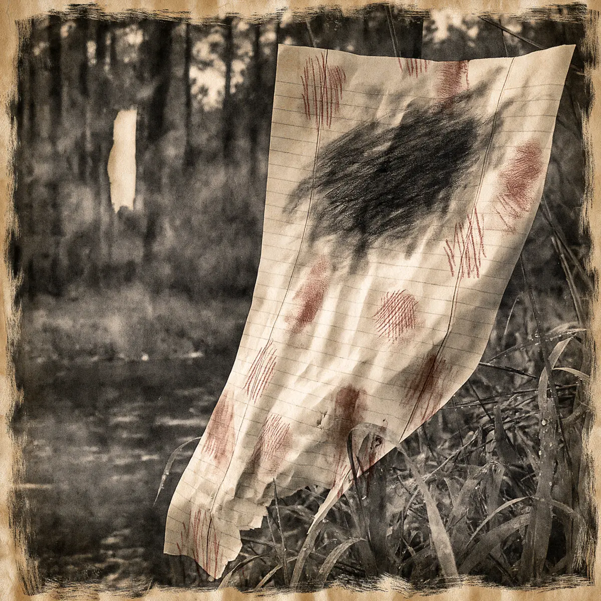 A torn, fingerprint-marked field note hanging in a shadowed forest
