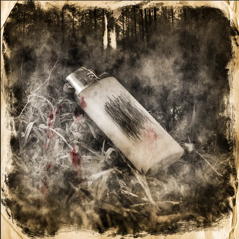 A weathered lighter lying in roadside grass, rendered like a distressed found photograph